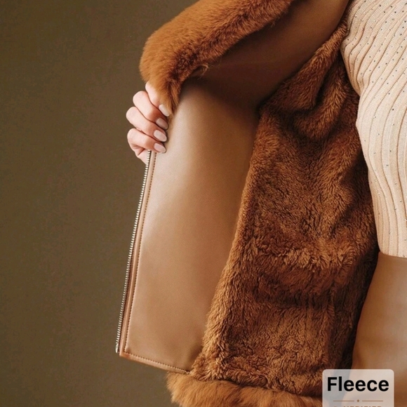 Women's Brown Faux Fur Leather Jacket - Picture 3 of 3